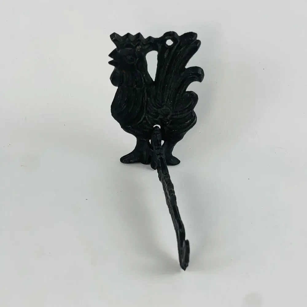 Vintage Black Cast Iron Rooster Small Wall Hook Farmhouse Swinging Hook